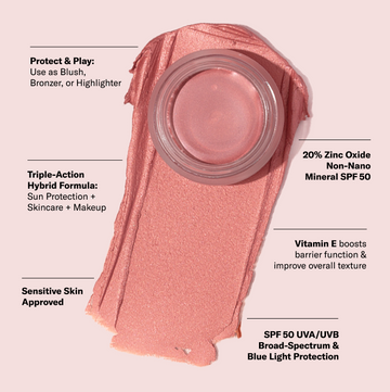 Odacité SPF 50 Color Balm open pink cream on a pink smear, with balm benefits and ingredients listed in black text nearby.