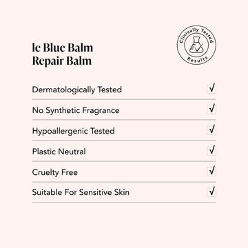 Le Blue Balm by Odacite with chamomile and shea butter; text on packaging highlights dry skin use, dermatologically tested, cruelty free.