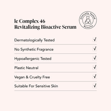 Le Complex 46 Revitalizing Bioactive Serum by Odacité, 15% Vitamin C, vegan, dermatologist tested, labeled brightening and anti-aging.
