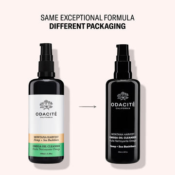 Two bottles of Odacité Montana Harvest Omega Oil Cleanser—Hemp + Sea Buckthorn—side by side in old and new packaging designs.