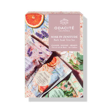 Odacité Soak In Zenitude Soak Trio Set with three bath soak jars in a box featuring colorful botanical illustrations.