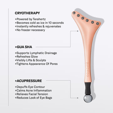 The Odacité Cryo-Tech Facial Tool in pink terahertz stone, shaped for gua sha and facial acupressure.