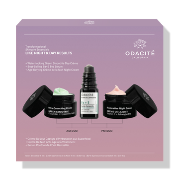 Odacité Like Night & Day Results Kit with cream, eye serum, and night cream on a purple box background. Products in jars and bottle.