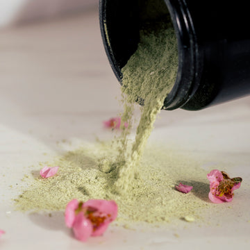 Odacite Green Ceremony Cleanser with Chlorophyll, Spirulina, and Matcha pours from a black container onto pink petals.