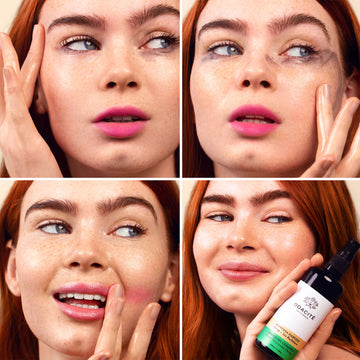 Woman removes makeup, then smiles holding Odacité Uneven Skin Double Cleansing Set in clear and white bottles.