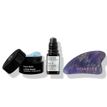 Odacité The Sculpt, Lift & Depuff Face & Eye Kit displayed on a white surface, showing all components clearly arranged.