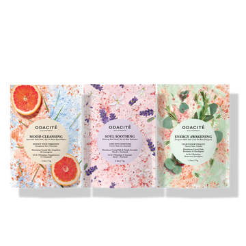 Odacité Soak In Zenitude Soak Trio Set with three colorful bath soak packets in a boxed variety kit.