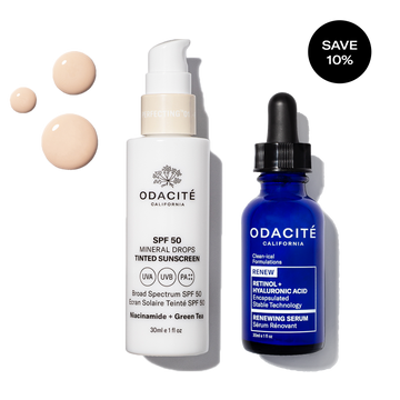 Odacité Anti-aging Dream Duo: SPF 50 tinted sunscreen tube and retinol serum bottle on a white background.