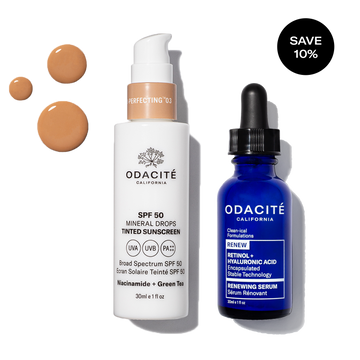 Odacité Anti-aging Dream Duo with SPF 50 mineral sunscreen, retinol serum, and tan drops shown beside both products.