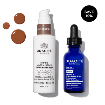 Odacité Anti-aging Dream Duo: SPF 50 mineral drops and retinol serum with brown sunscreen swatches on display.