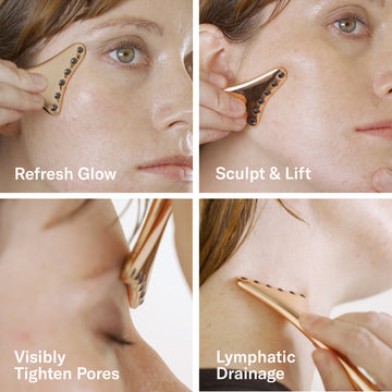 A woman applies the Odacité Cryo-Tech Facial Tool, holding the silver Terahertz device to her cheek.